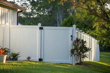 White vinyl picket fence on green lawn surrounding property grounds for backyard privacy and protection.