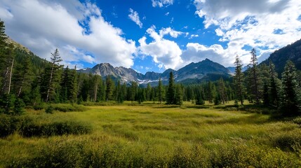 Naklejka premium Breathtaking mountain scenery with green meadows and dramatic clouds in the sky : Generative AI