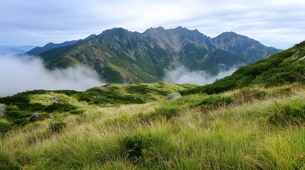 Fototapeta premium Breathtaking panoramic view of lush green mountains under a cloudy sky in nature : Generative AI