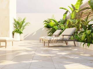 Fototapeta premium A modern patio with two lounge chairs and lush greenery