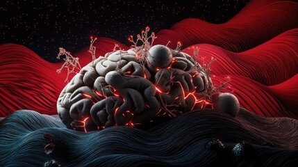 A fragmented brain with tangled pathways, symbolizing the neurological disruption caused by sleep disorders.