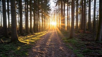Fototapeta premium Beautiful sun rays shining through a tranquil forest path surrounded by tall trees at sunset : Generative AI