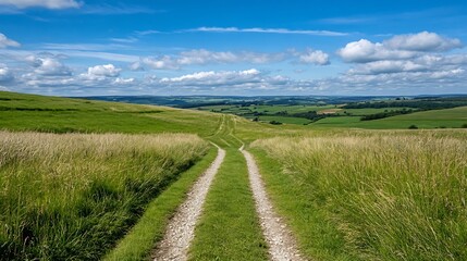 Serene rural landscape with a winding dirt road guided by lush green fields and blue skies : Generative AI