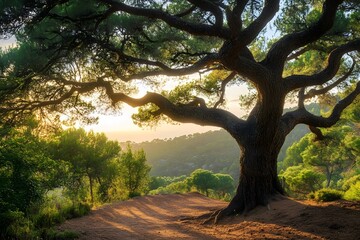 Majestic tree sunrise hilltop forest landscape