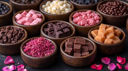Assorted sweet treats in elegant bowls with flower petals scattered around