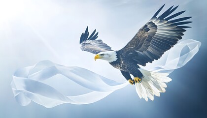 Fototapeta premium Majestic Bald Eagle Soaring Through Airy Fabric