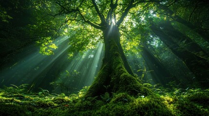 Fototapeta premium Sunbeams through the Ancient Forest