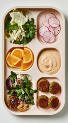 Delicious Falafel Served with Creamy Tahini Sauce, Colorful Meal Tray with Fresh Vegetables, Fruits, and Dipping Sauce on a Light Background