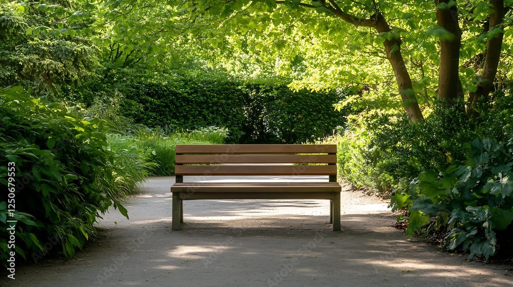 Poster cozy wooden bench in a lush garden surrounded by greenery and trees inviting tranquility : generativ