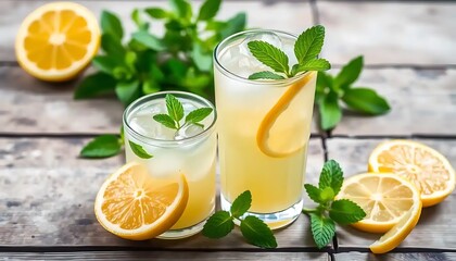 Fototapeta premium Refreshing Lemonade Drinks With Mint Garnish