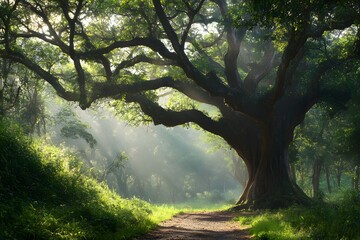 Obraz premium Majestic tree, sunlit path, misty forest, tranquil scene, nature poster