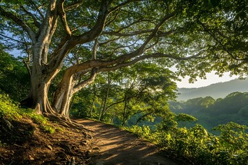 Sunrise trail, jungle canopy, hillside path, morning light, nature escape