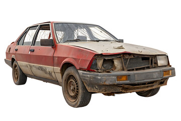 Wrecked car with a damaged front end, isolated on a white background in PNG format with a transparent background.