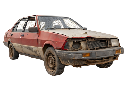 Wrecked car with a damaged front end, isolated on a white background in PNG format with a transparent background.