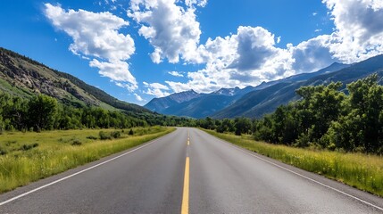 Majestic open road with mountains and blue sky showcasing the beauty of nature during a sunny day : Generative AI