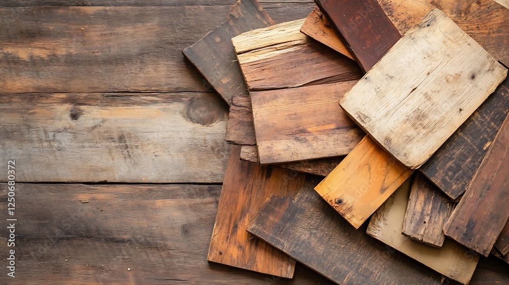 Aufkleber assorted wooden planks piled together on a rustic wooden surface : generative ai