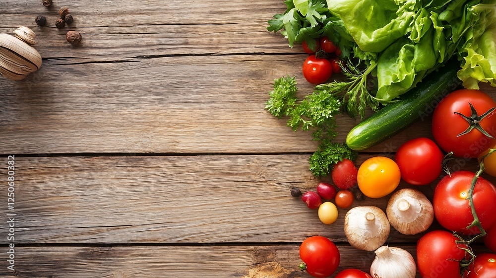 Aufkleber fresh and colorful assortment of organic vegetables arranged on rustic wood surface for healthy cook