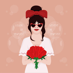 A girl holding a bunch of red tulips. illustration motivation for women. Belive in yourself. Listen to yourself. 