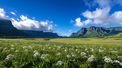 Stunning panoramic view of lush green fields and majestic mountains under a bright blue sky : Generative AI