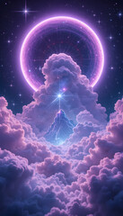 Majestic Neon-Lit Clouds Surrounding a Towering majestic neon-lit clouds surrounding a towering celestial mountain, bathed in violet and magenta glow, with a radiant energy ring and a star-filled sky