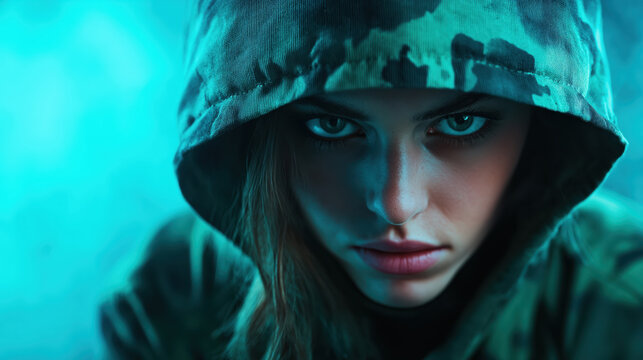 Woman in hood with blue neon light. Urban and youth culture content