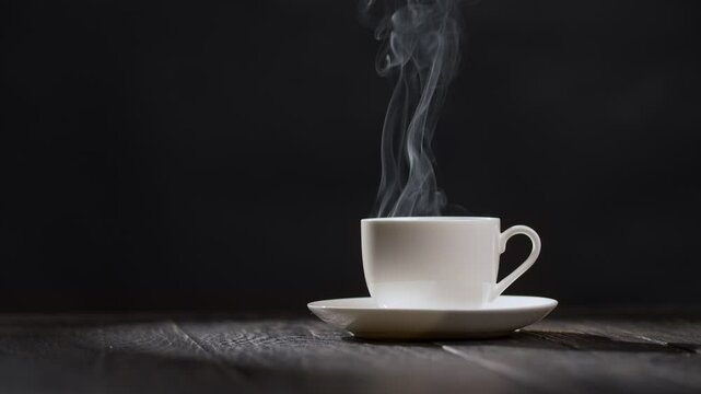 Enjoying warm cup of coffee on cozy evening with fragrant steam rising from the cup in dimly lit setting. White cup of tea or coffe over black. Slow motion