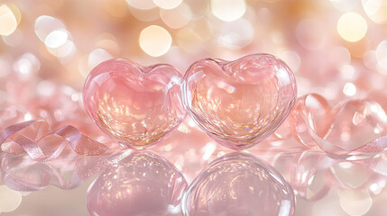 photograph of two shiny, pink hearts with smooth surfaces, positioned side by side on a reflective surface. surrounding them are scattered pink heart-shaped confetti and curled ribbons, creating a fes