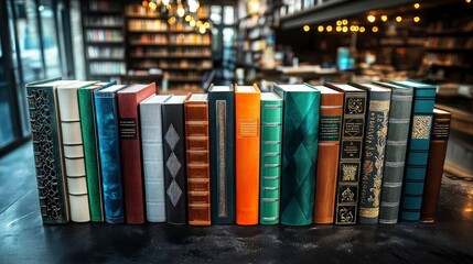 Naklejka premium Row of Colorful Vintage Books on Dark Table in Bookstore