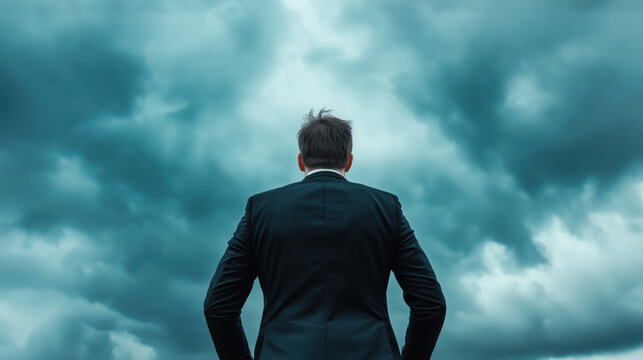 Businessman looking at stormy sky. Leadership and challenge content