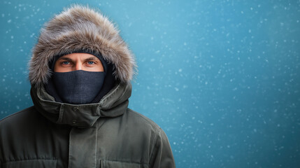 Man in winter parka with fur hood in snow. Winter weather and outdoor gear content