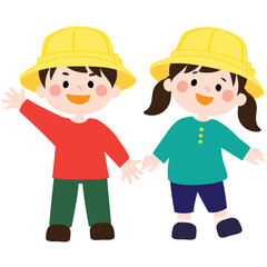 嬉しそうに笑う黄色い帽子のこどもたちのベクターイラスト（男女）