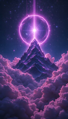 Majestic Neon-Lit Clouds Surrounding a Towering majestic neon-lit clouds surrounding a towering celestial mountain, bathed in violet and magenta glow, with a radiant energy ring and a star-filled sky