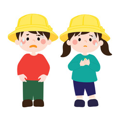 怯えて不安そうな黄色い帽子のこどもたちのベクターイラスト（男女）