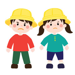 不機嫌そうに抗議している黄色い帽子のこどもたちのベクターイラスト（男女）