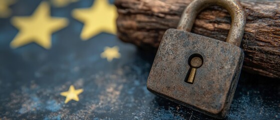Rusty Padlock on European Union Flag Background