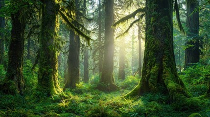 Obraz premium Sunlit Mossy Forest: An Enchanting Pacific Northwest Scene