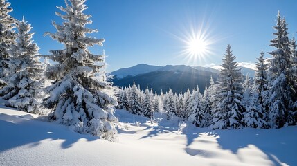 Majestic snowy mountain landscape illuminated by bright sunlight highlighting the beauty of winter : Generative AI
