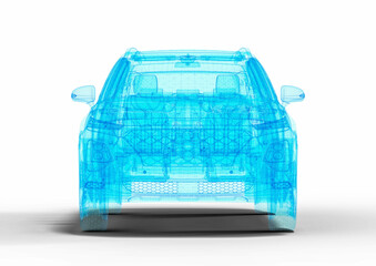 3D render image of a car in blue wire frame that representing an SUV hologram.