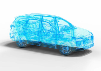 3D render image of a car in blue wire frame that representing an SUV hologram.