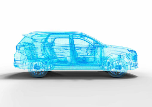 3D render image of a car in blue wire frame that representing an SUV hologram.