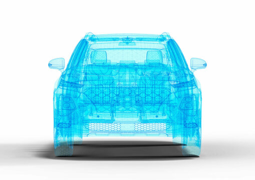 3D render image of a car in blue wire frame that representing an SUV hologram.