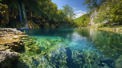 Obraz premium Serene Waterfall and Crystal Clear Lake in Lush Green Forest