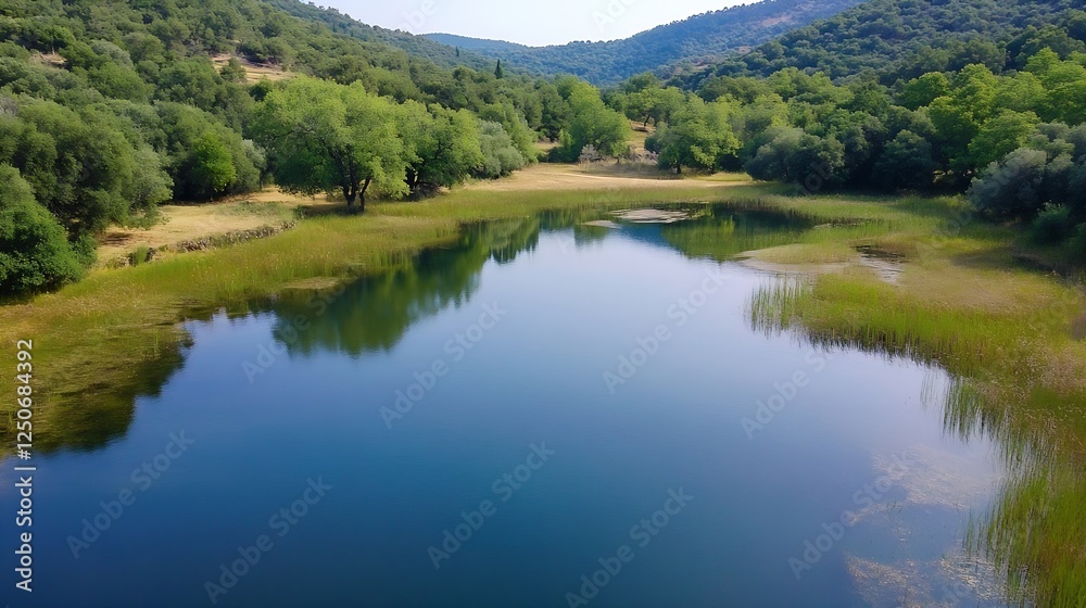 Poster scenic reflection of lush forests and clear blue sky over a calm lake in nature : generative ai