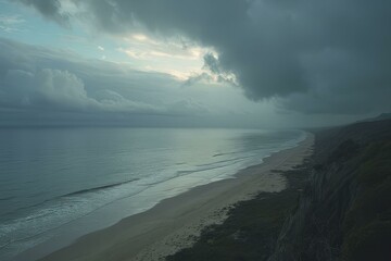 Aerial view of stormy beach with dark clouds, rough waves, and dramatic coastal cliffs