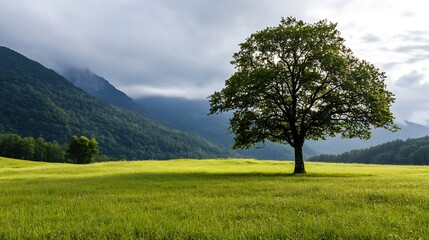 Fototapeta premium Majestic solitary tree standing tall in an expansive green field beneath a cloudy sky : Generative AI