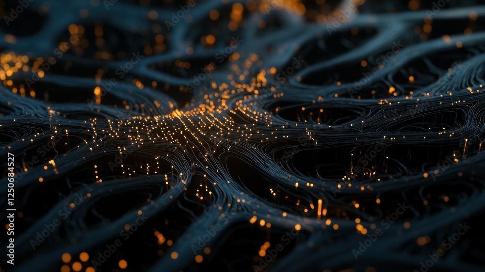 Poster intricate network of interconnected lines with glowing data points visual