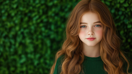 Naklejka premium Girl in green sweater near green hedge. Youth fashion and beauty content