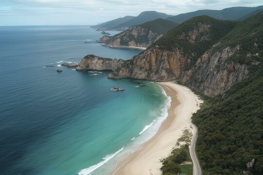 Aerial view of serene beach between green hills and rocky cliffs with turquoise waters and gentle waves