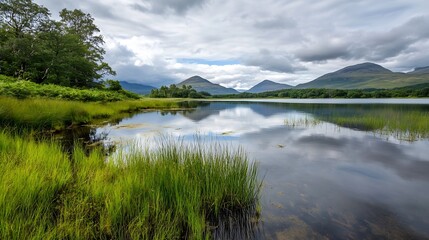 Tranquil lake scene surrounded by lush greenery and distant mountains under cloudy skies : Generative AI