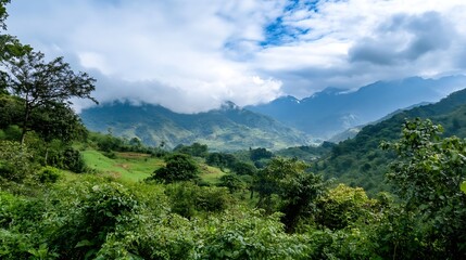 Obraz premium Breathtaking panoramic view of lush green mountains under a cloudy sky showcasing nature's beauty : Generative AI